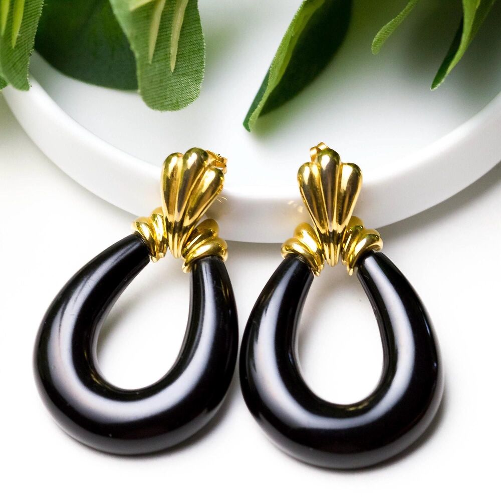 Vintage 1980s Black and Gold Hoop Earrings Chunky Plastic Geometric Drop Studs